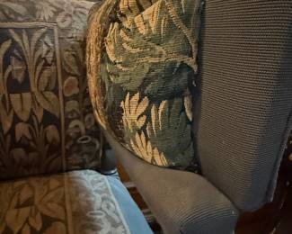 Arts and Crafts Settee with Embroidered Crest and Folate Tapestry