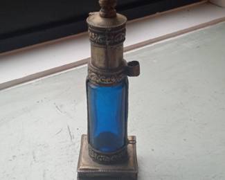 Antique Cobalt Blue Glass Perfume Bottle with Ornate Moroccan-Style Metal Casing