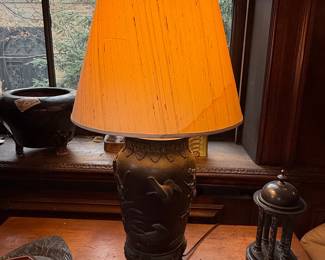 Japanese Bronze Table Lamp with Bird and Rooster Motif, Meiji Period