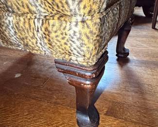 Vintage Leopard Print Upholstered Ottoman with Carved Cabriole Legs