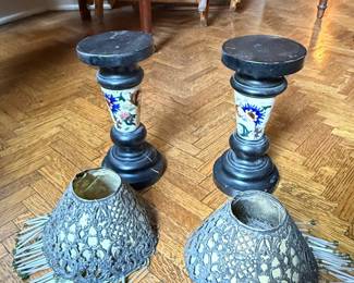 Pair of Victorian Style Table Lamps with Pierced Metal Shades and Beaded Fringes