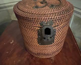 Antique Chinese Woven Rattan Teapot Basket with Lid and Metal Clasp