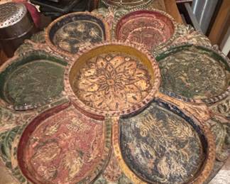 Antique Hand-Carved Wooden Divided Serving Platter with Folk Art Floral Motifs