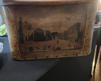 Antique Painted Leather Fire Bucket with European City Scene
