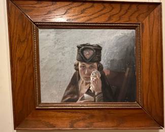 Antique Portrait Painting of a Woman in a Fancy Hat