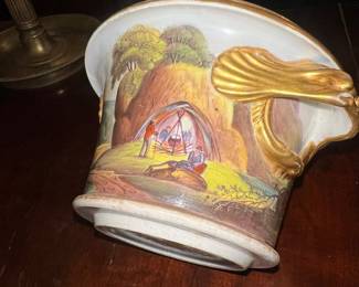 Porcelain Cachepot with Gilt Handles and Landscape Scene