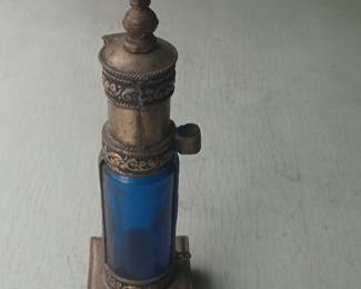 Antique Middle Eastern/Indian Perfume Bottle or Attar Container with Ornate Metal Casing