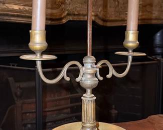 Antique French Bouillotte Lamp with Hand-Painted Tole Shade