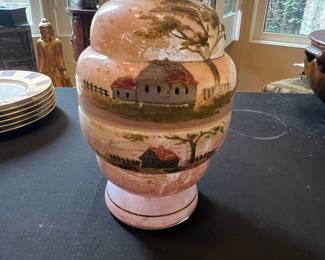 Victorian Glass Decanter and Tumbler Set with Painted Rural Scene