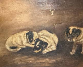 Oil Painting of Pugs in Ornate Frame