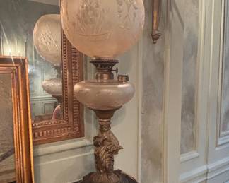 Victorian Figural Oil Lamp with Frosted Etched Globe and Cherub Figure