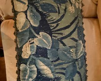 Antique Verdure Tapestry Pillow with Floral Motif and Fringe