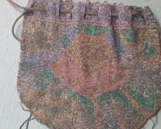 Victorian Beaded Drawstring Reticule with Fringe
