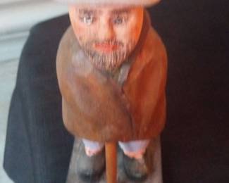 Vintage Hand Carved Wooden Figure of a Man with Hat and Staff