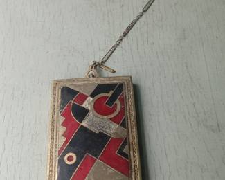 Art Deco Enameled Compact with Chain