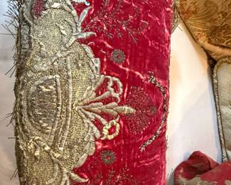 Antique Silk Velvet Pillow with Metallic Gold Embroidery and Damask Back