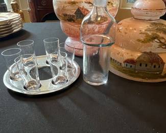 Victorian Glass Decanter and Tumbler Set with Painted Rural Scene
