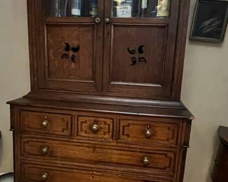 Antique Edwardian Oak Inlaid Cupboard on Chest