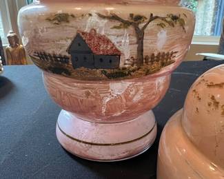 Victorian Glass Decanter and Tumbler Set with Painted Rural Scene