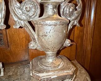 Pair of Neoclassical Giltwood Urn Pedestals with Applied Ornamentation