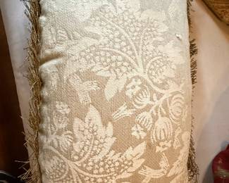 Antique Silk Velvet Pillow with Metallic Gold Embroidery and Damask Back