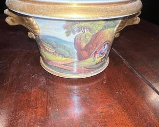 Porcelain Cachepot with Gilt Handles and Landscape Scene