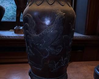 Japanese Bronze Table Lamp with Bird and Rooster Motif, Meiji Period