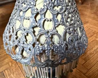 Pair of Victorian Style Table Lamps with Pierced Metal Shades and Beaded Fringes