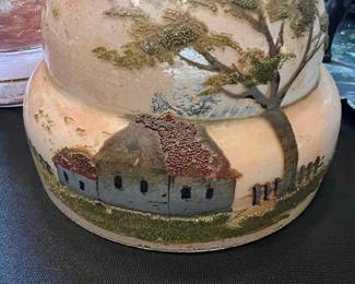 Victorian Glass Decanter and Tumbler Set with Painted Rural Scene