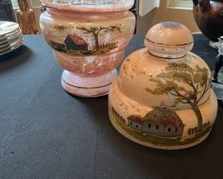 Victorian Glass Decanter and Tumbler Set with Painted Rural Scene