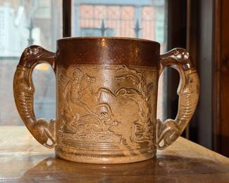 English Stoneware Tankard or Tyg Cup with Animal Handles