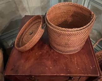 Antique Chinese Woven Rattan Teapot Basket with Lid and Metal Clasp