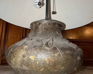 Arts and Crafts Hammered Metal Table Lamp with Folate Motifs