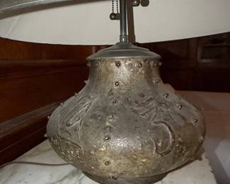 Arts and Crafts Hammered Metal Table Lamp with Folate Motifs