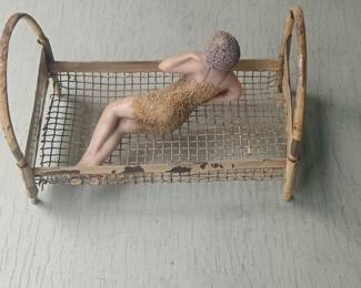 Victorian Style Bisque Doll on Metal Bed with Keepsake Box