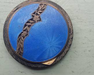 Antique Silver Guilloché Enamel Compact with Floral Overlay