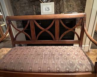 Regency Style Mahogany Settee with Upholstery and Pillows