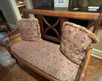 Regency Style Mahogany Settee with Upholstery and Pillows