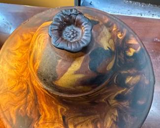 Antique Peaseware Maple Covered Jar with Marbled Glaze