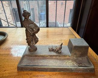 Art Nouveau Bronze Figural Ashtray with Girl and Chicks