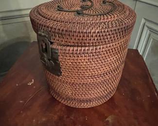 Antique Chinese Woven Rattan Teapot Basket with Lid and Metal Clasp