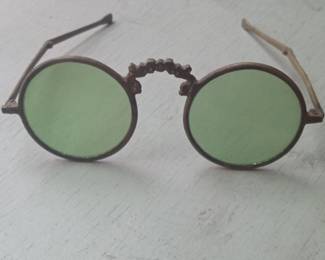 Antique Chinese Folding Sunglasses with Decorative Bridge and Green Lenses