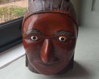 Vintage Folk Art Wooden Shoe Brush Holder - Stylized Native American Head