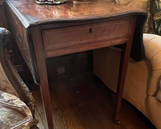 Antique Mahogany Drop Leaf Side Table with Drawer and Inlay