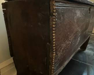 Antique Oak Six-Plank Coffer with Trestle Base