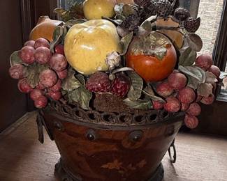 Vintage Wax Fruit Arrangement in Marquetry Basket