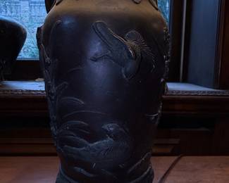 Japanese Bronze Table Lamp with Bird and Rooster Motif, Meiji Period