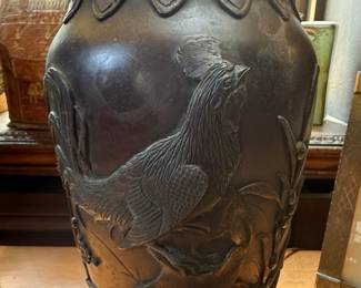 Antique Japanese Meiji Period Bronze Lamp with Rooster Motif