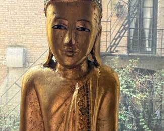 Antique Burmese Mandalay Gilded Wood Standing Buddha Statue