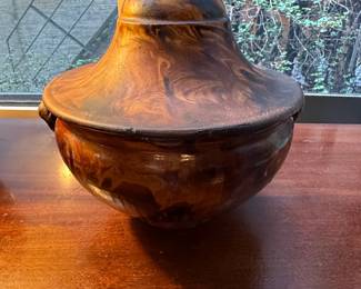 Antique Peaseware Maple Covered Jar with Marbled Glaze